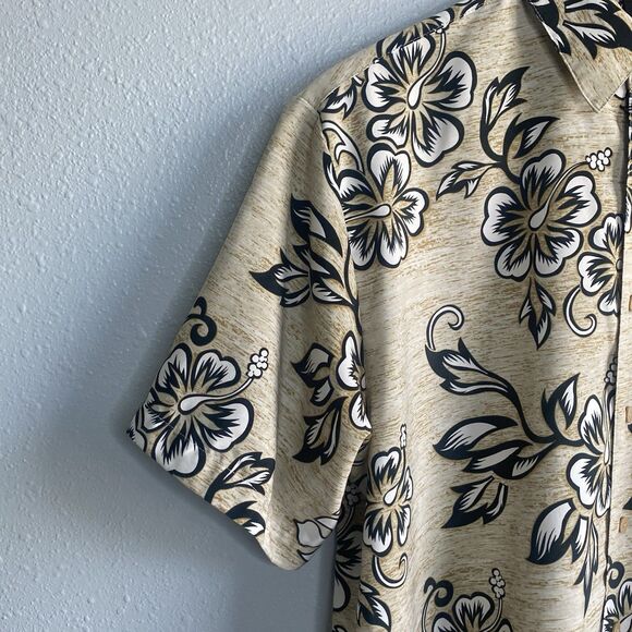 Massini Mens Large Floral Button Up Shirt Short Sleeve Hawaiian Tan Cream - Picture 4 of 7